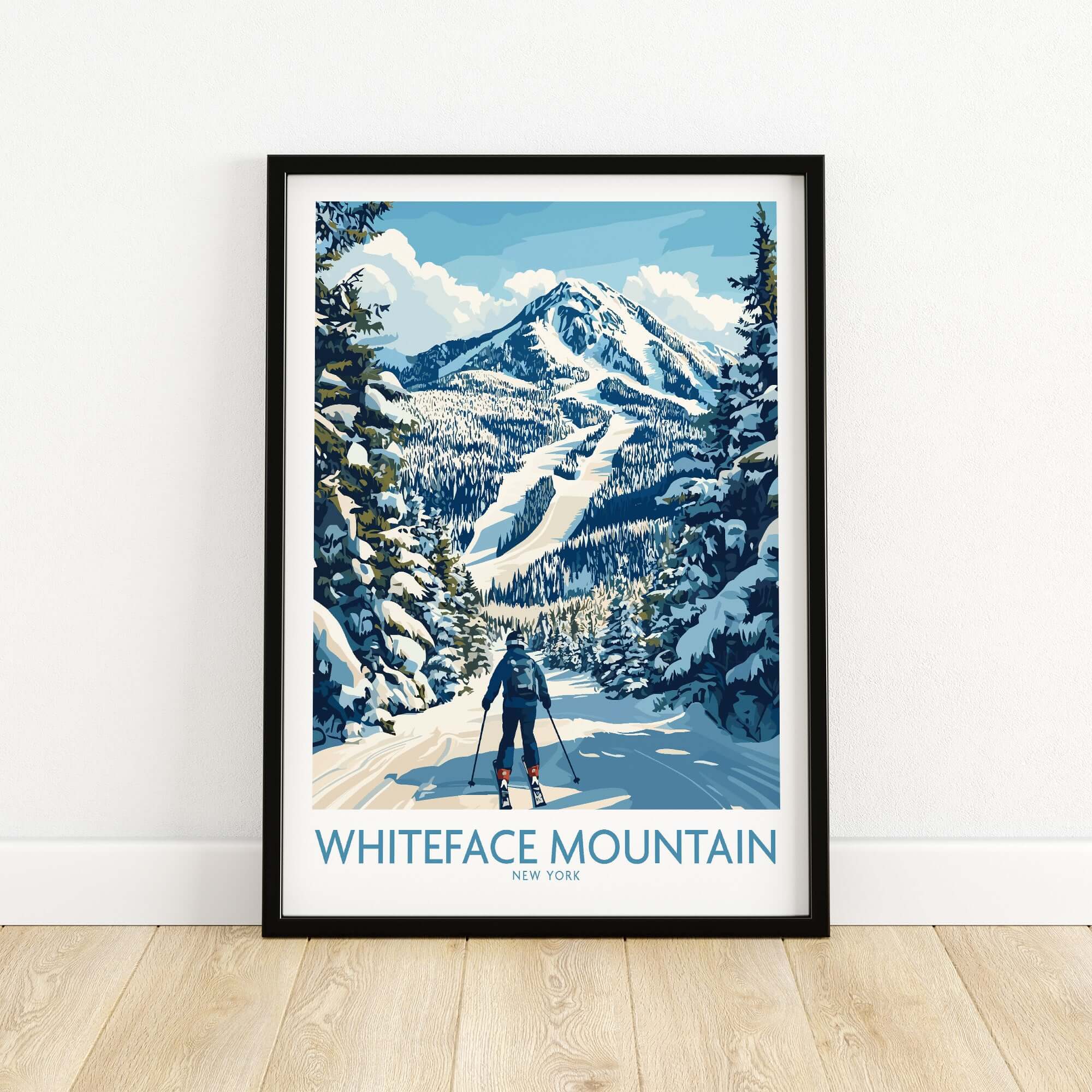 Whiteface New York print featuring a skier on a snowy mountain with trees, perfect skiing scene wall art.