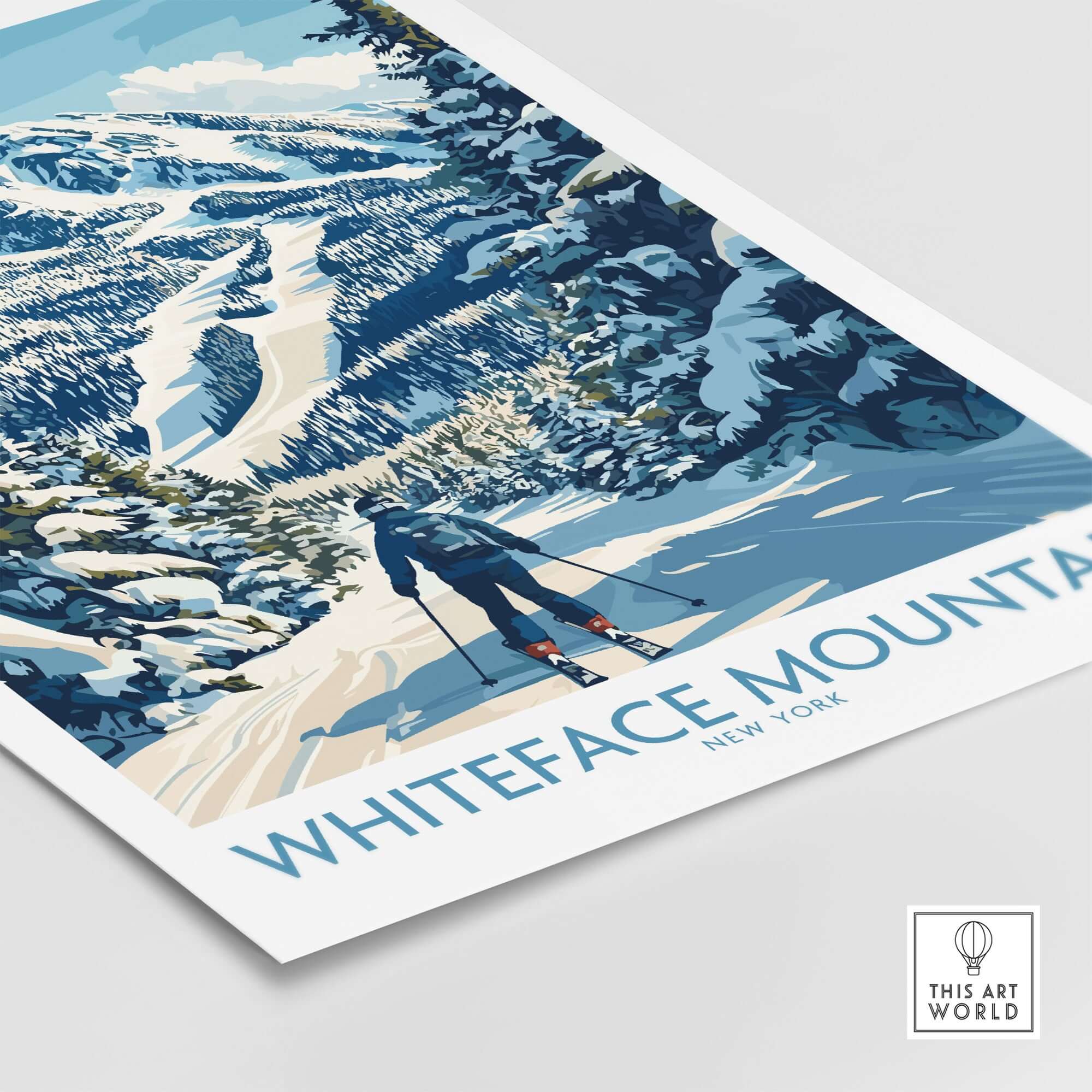 Whiteface Mountain skiing scene wall art print featuring a skier amid snow and trees in New York.
