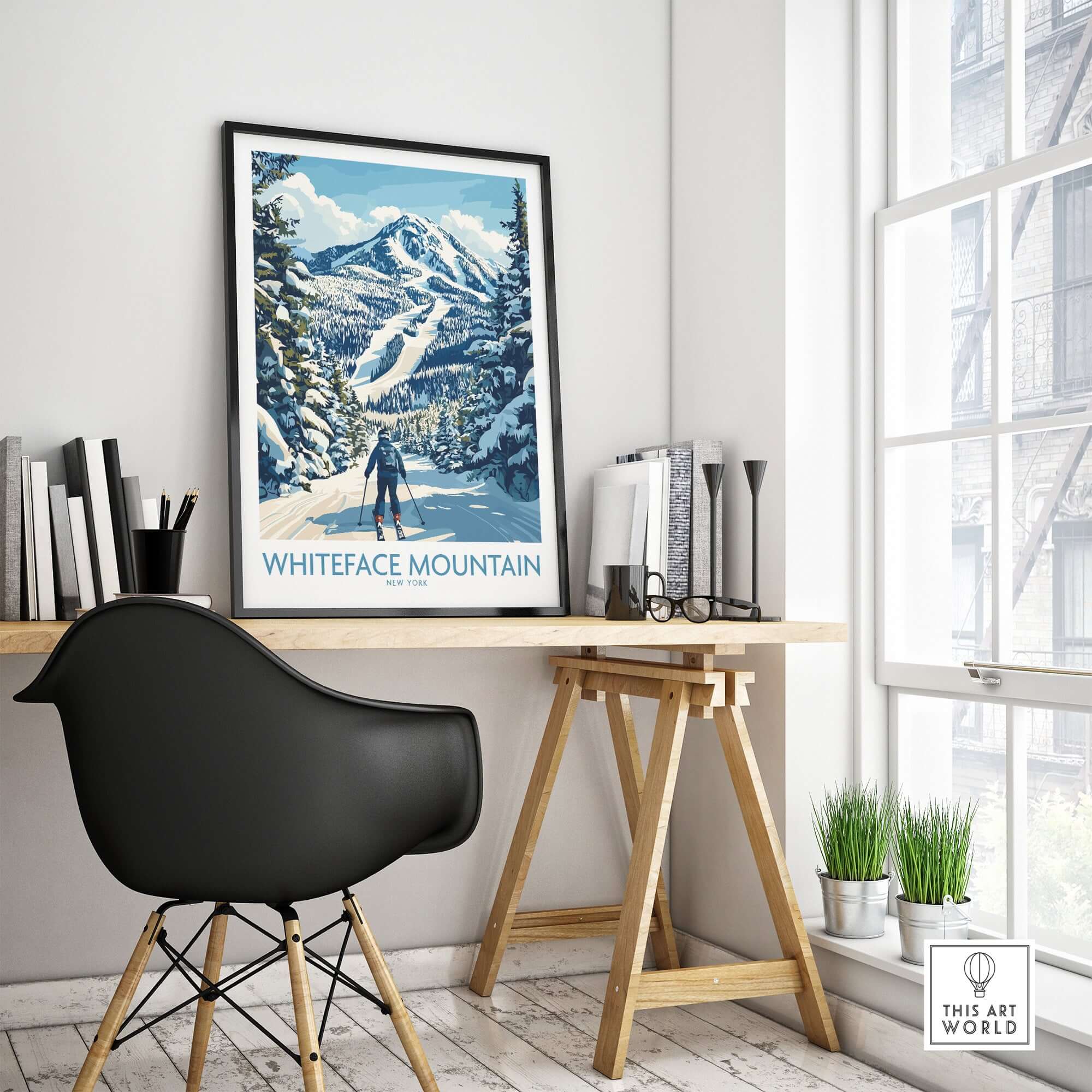 Whiteface New York skiing scene print on wall above a stylish desk in a modern room, showcasing winter landscape art.