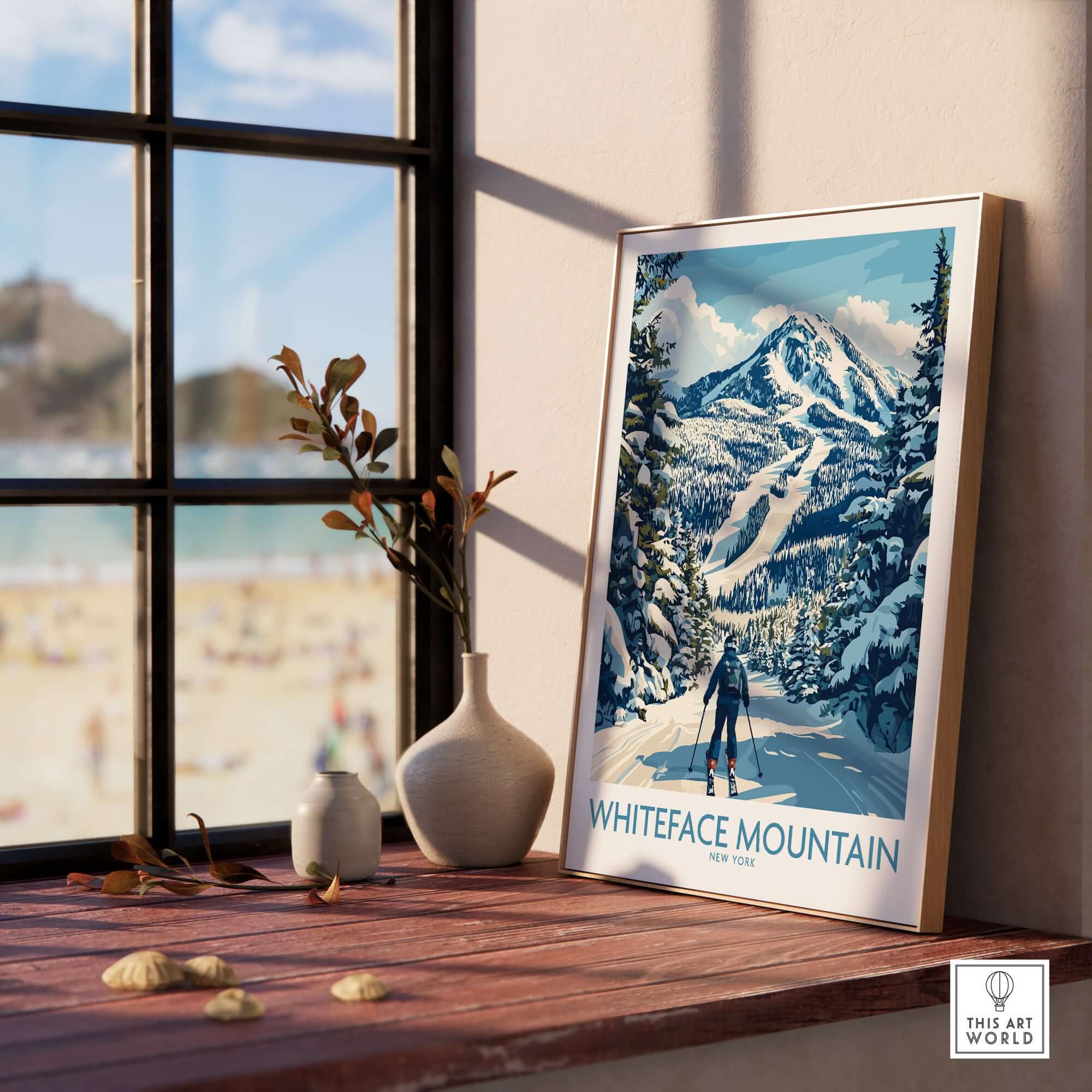 Framed Whiteface Mountain print showcasing a skier in a snowy landscape, emphasizing outdoor skiing art.