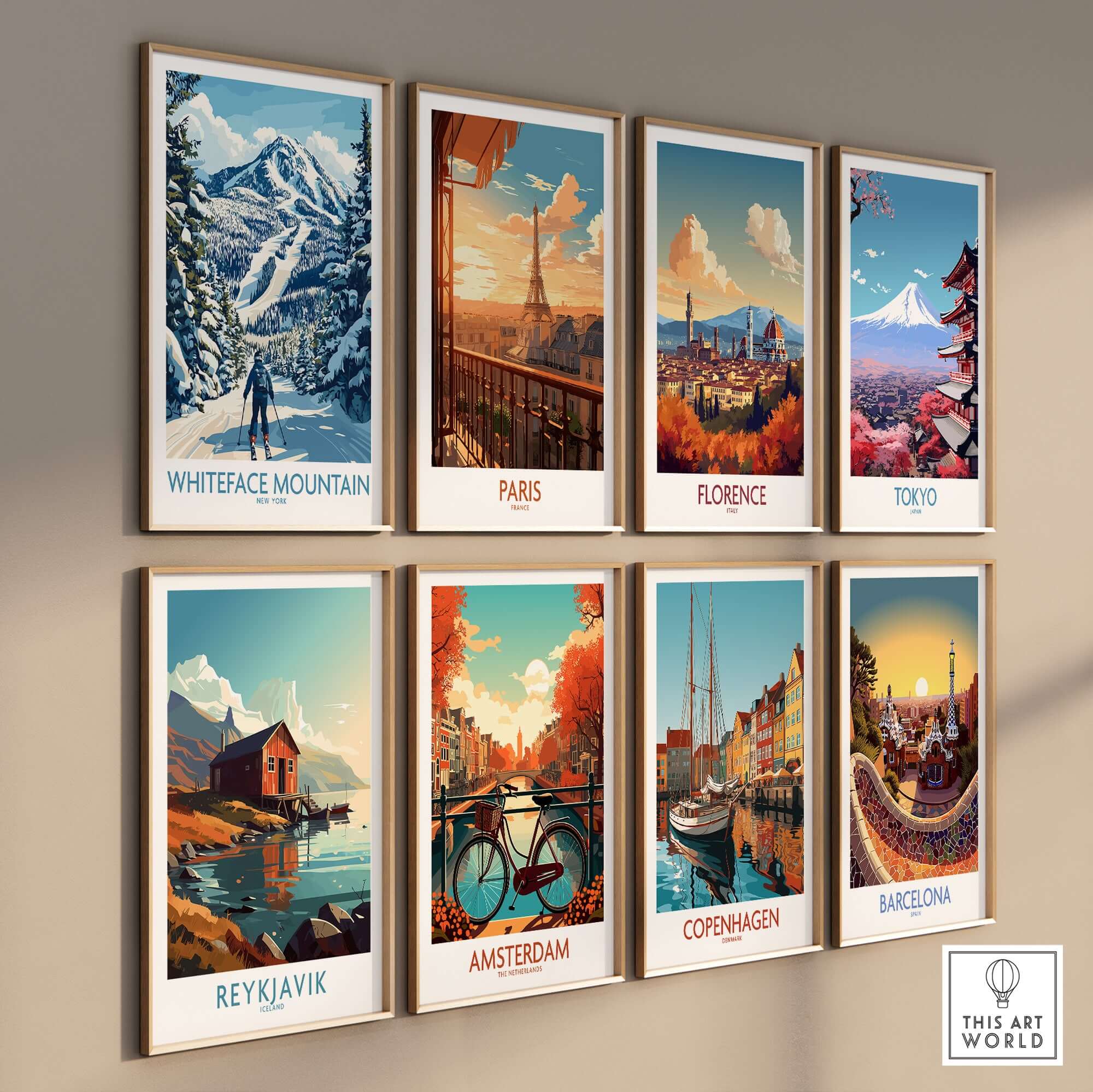 Gallery of travel art prints featuring Whiteface Mountain, Paris, Florence, Tokyo, and more, showcasing stunning landscapes.