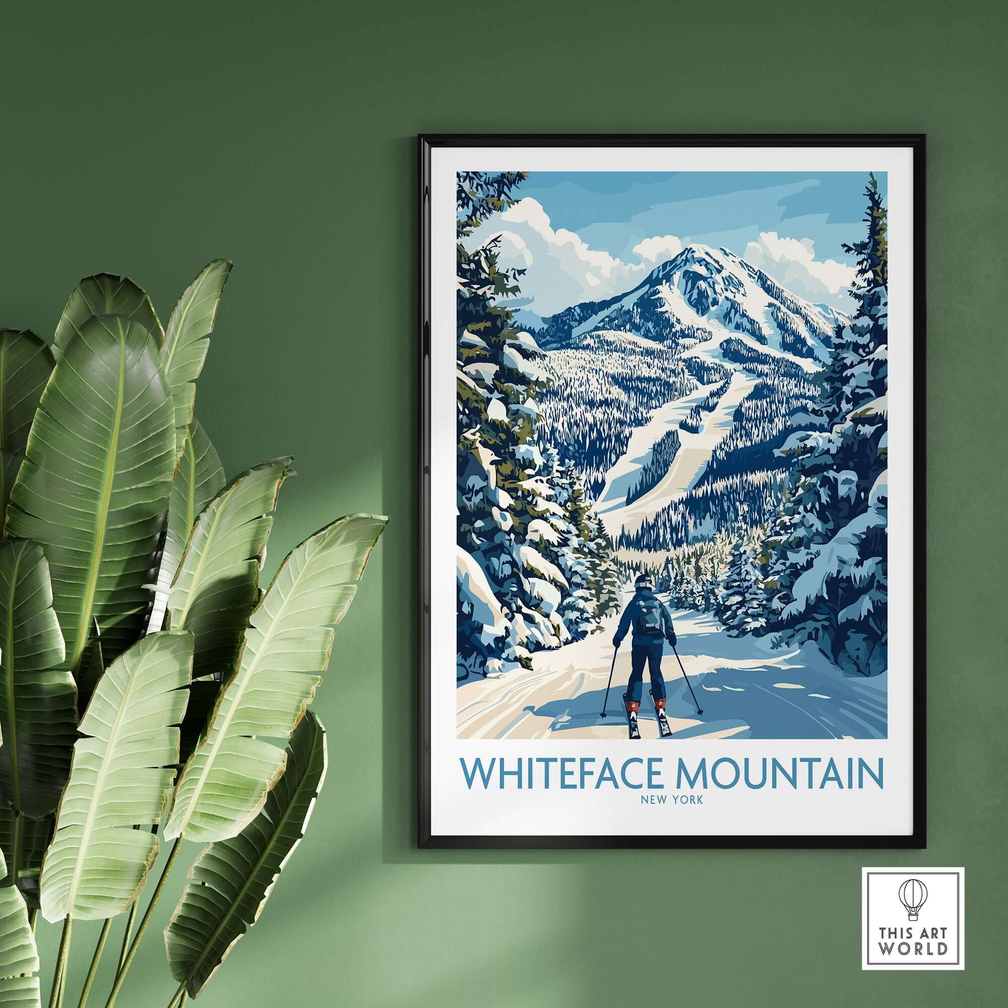 Whiteface Mountain print featuring a skier in snow-covered landscape, perfect for skiing scene wall art.