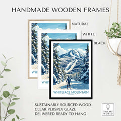 Handmade wooden frames for Whiteface Mountain art print in natural, white, and black finishes, showcasing a skiing scene.