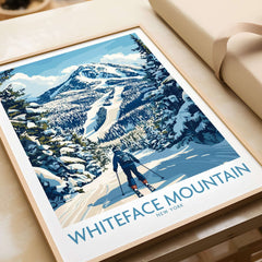 Whiteface Mountain New York print featuring a skier in a snowy landscape, perfect for skiing scene wall art decor.