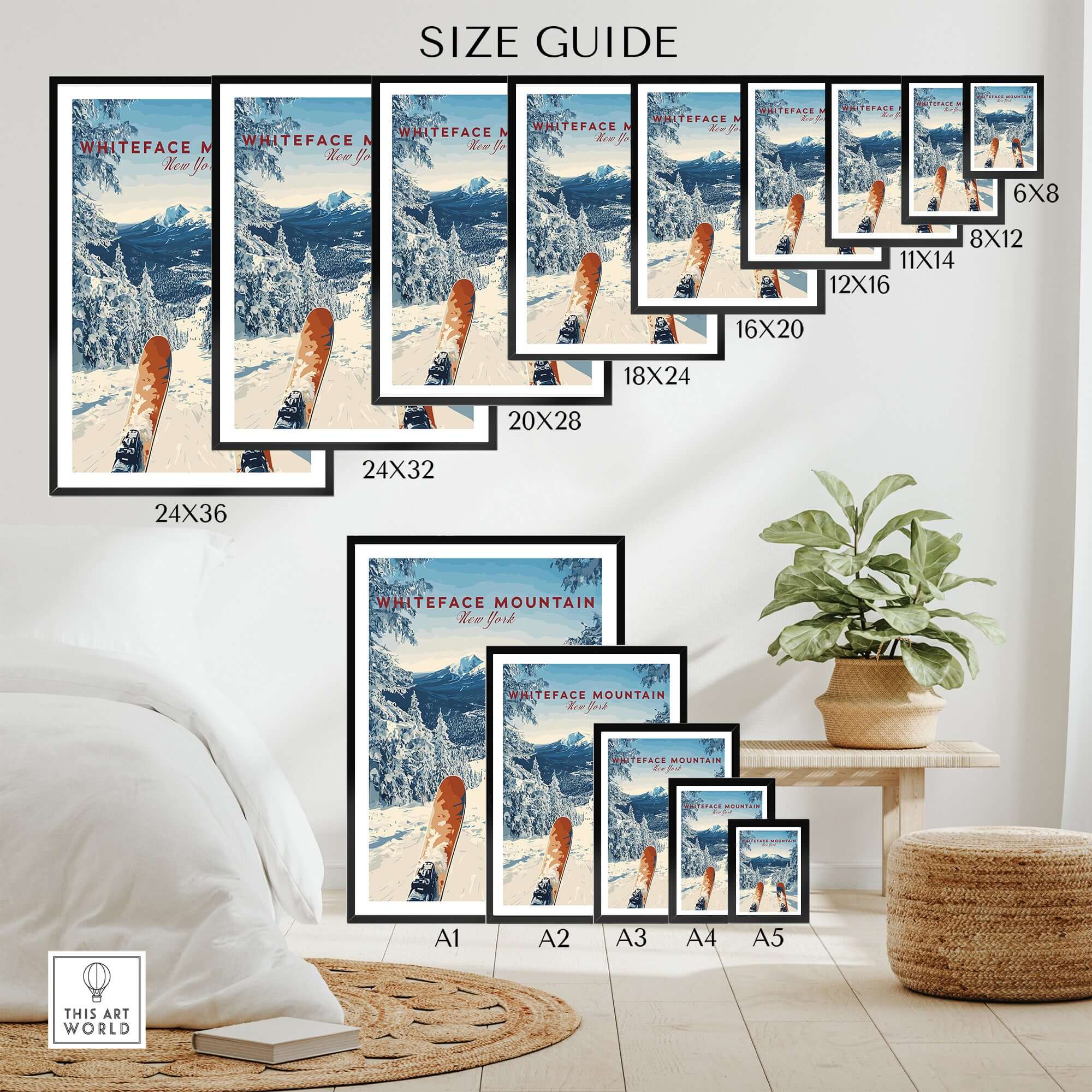 Size guide for Whiteface Snow Scene Mountain Print showcasing various frame sizes and designs.