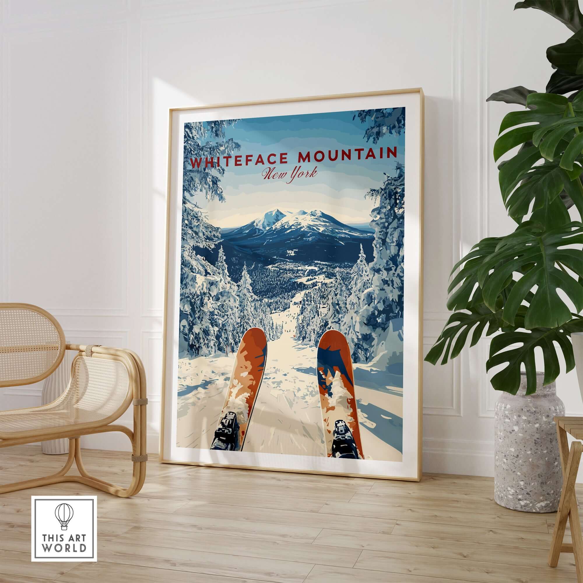 Whiteface Mountain snowy ski print with skis in the foreground, displayed in a stylish living space.