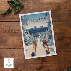 Whiteface Mountain snow scene print featuring skis on a snowy slope, capturing winter sports excitement.
