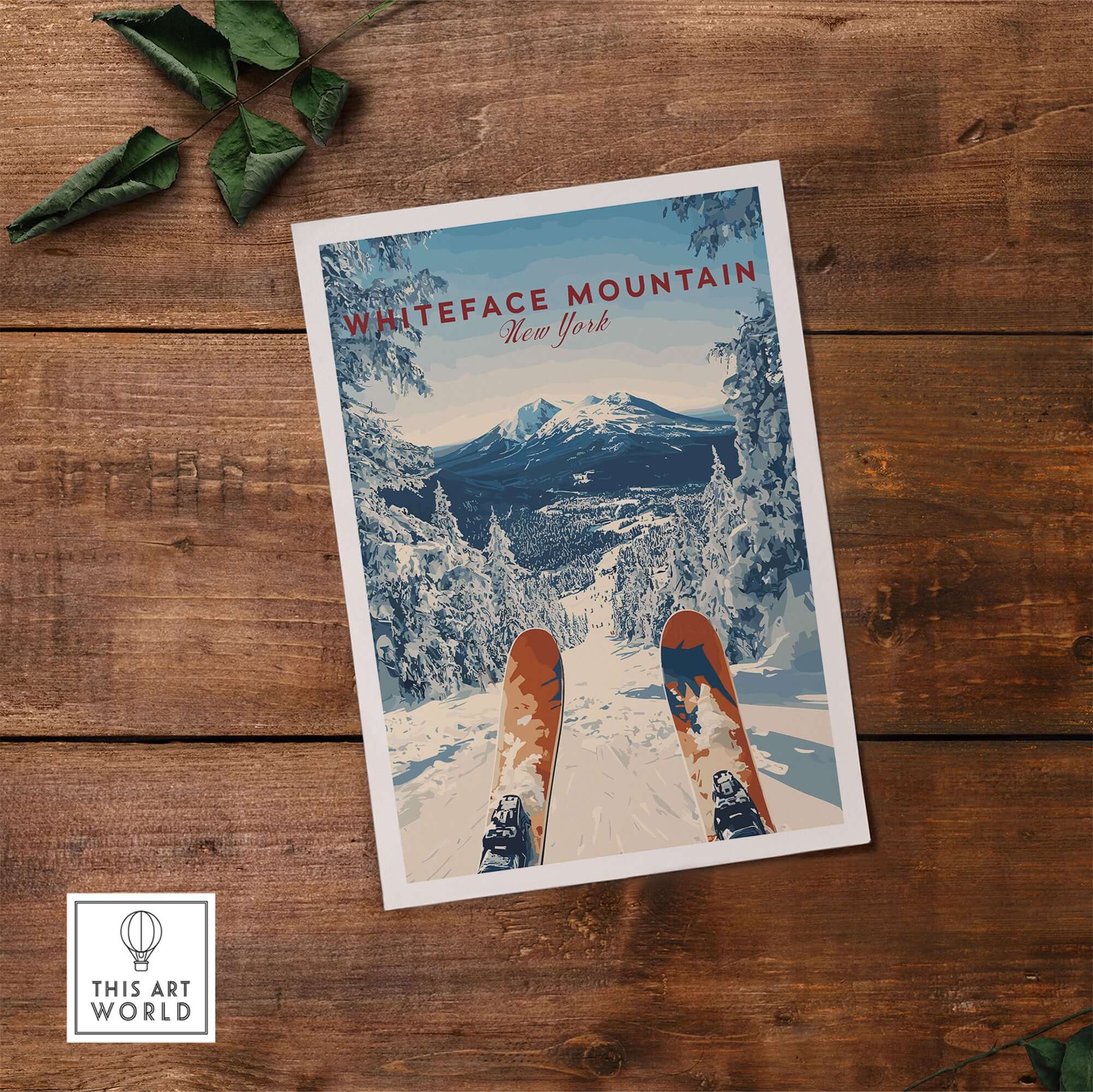 Whiteface Mountain snow scene print featuring skis on a snowy slope, capturing winter sports excitement.