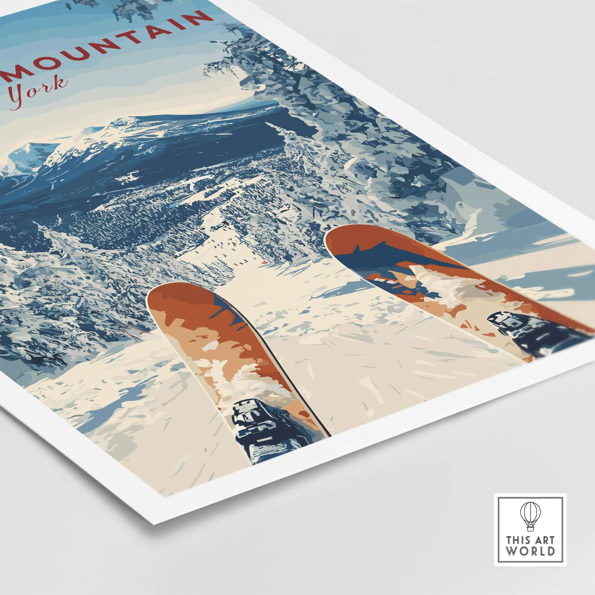 Whiteface Snow Scene Mountain Print featuring skis in a snowy landscape, perfect for ski enthusiasts and winter decor.