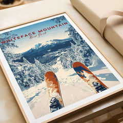 Whiteface Mountain print showcasing snowy slopes and skis, perfect for winter decor or ski enthusiasts.