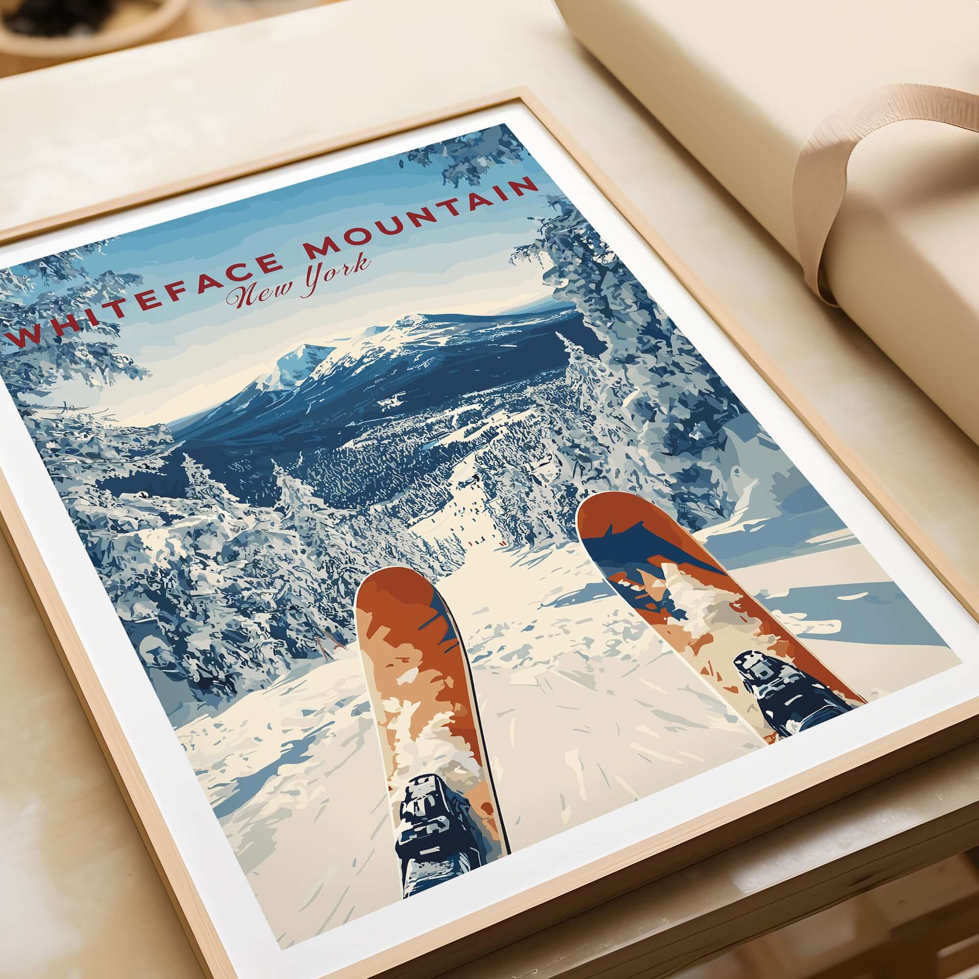 Whiteface Mountain print showcasing snowy slopes and skis, perfect for winter decor or ski enthusiasts.