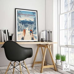Whiteface Snow Scene Mountain Print in a stylish room, showcasing a snowy landscape and skis, perfect for winter decor.