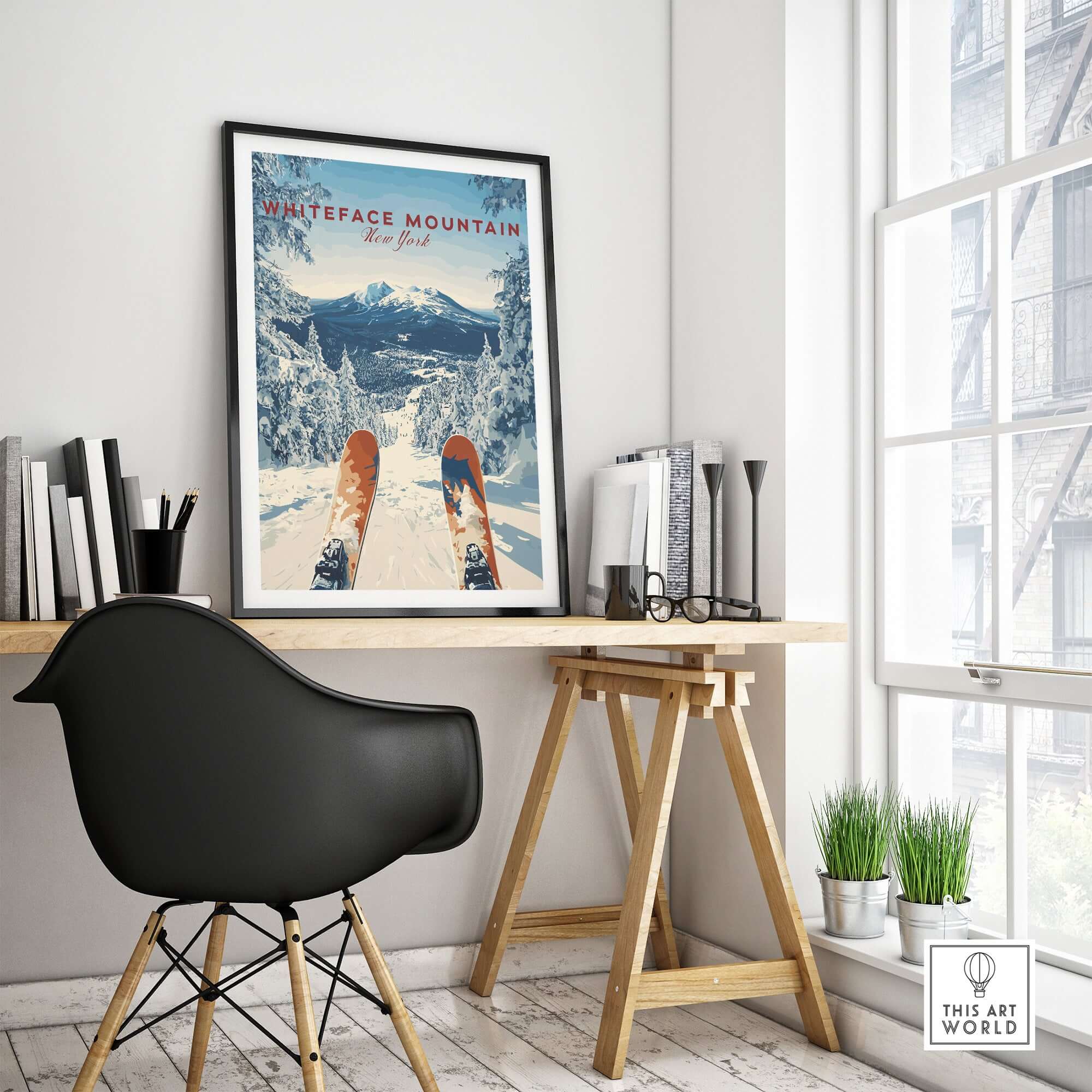 Whiteface Snow Scene Mountain Print in a stylish room, showcasing a snowy landscape and skis, perfect for winter decor.