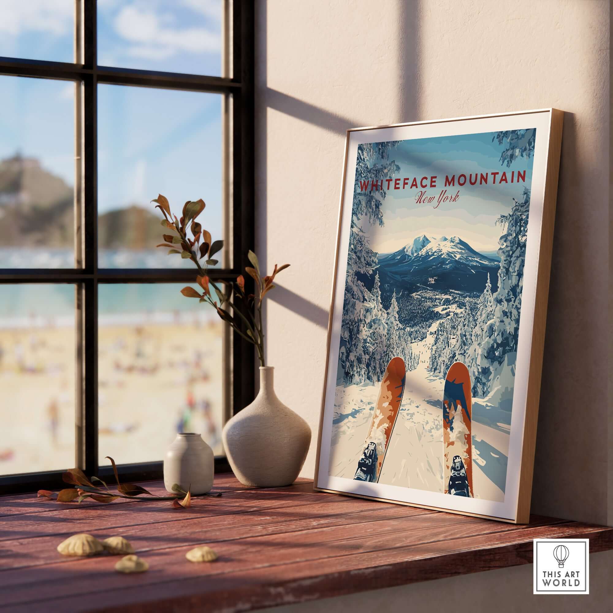 Framed Whiteface Mountain print showcasing snowy slopes, perfect for ski lovers and winter decor.