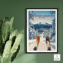 Whiteface Mountain print featuring snowy slopes and skis, perfect for ski enthusiasts and winter decor.