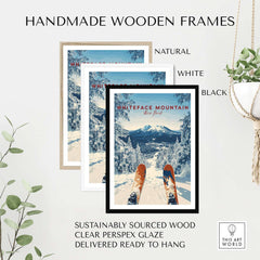 Handmade wooden frames in natural, white, and black for Whiteface Mountain snow scene print, sustainably sourced and ready to hang.