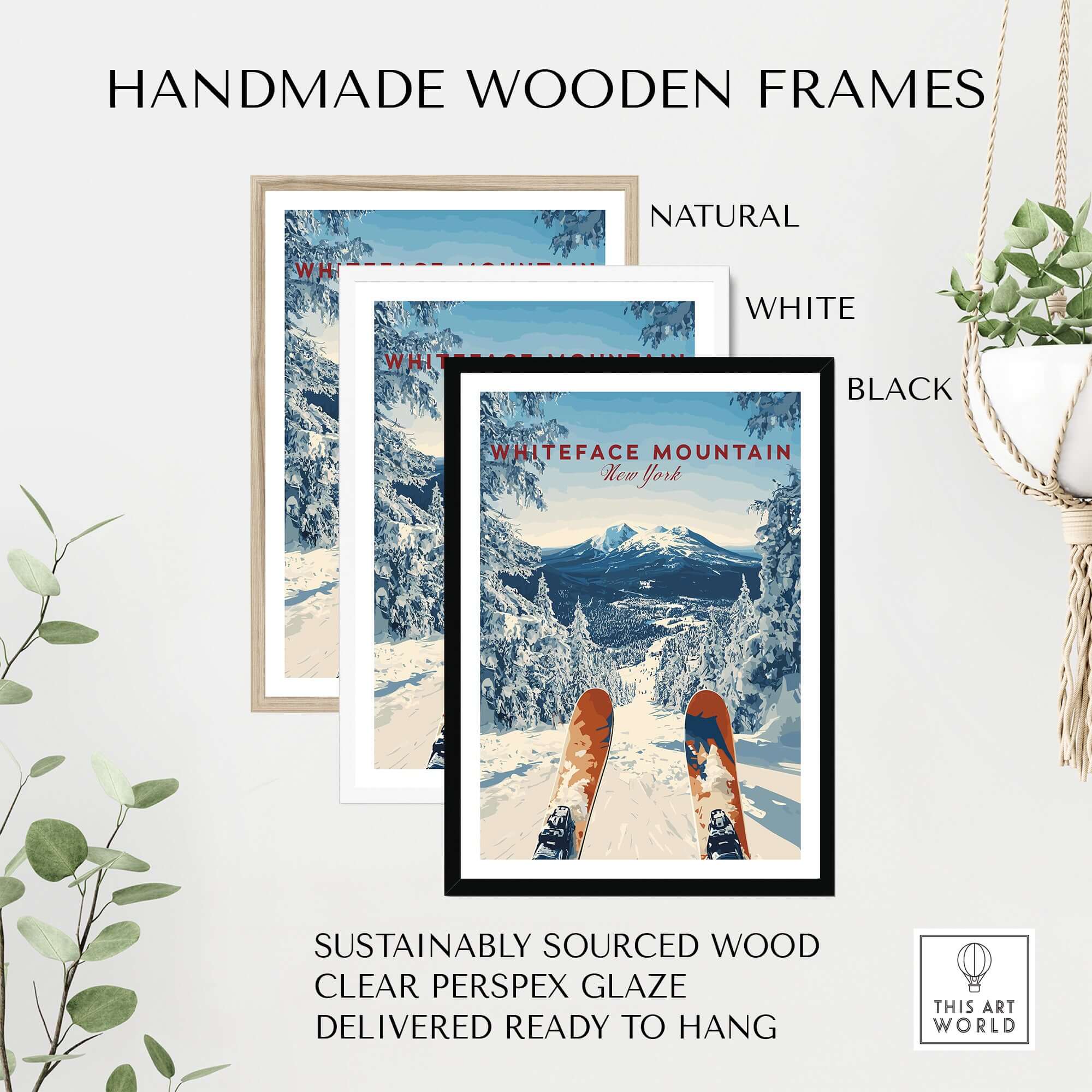 Handmade wooden frames in natural, white, and black for Whiteface Mountain snow scene print, sustainably sourced and ready to hang.