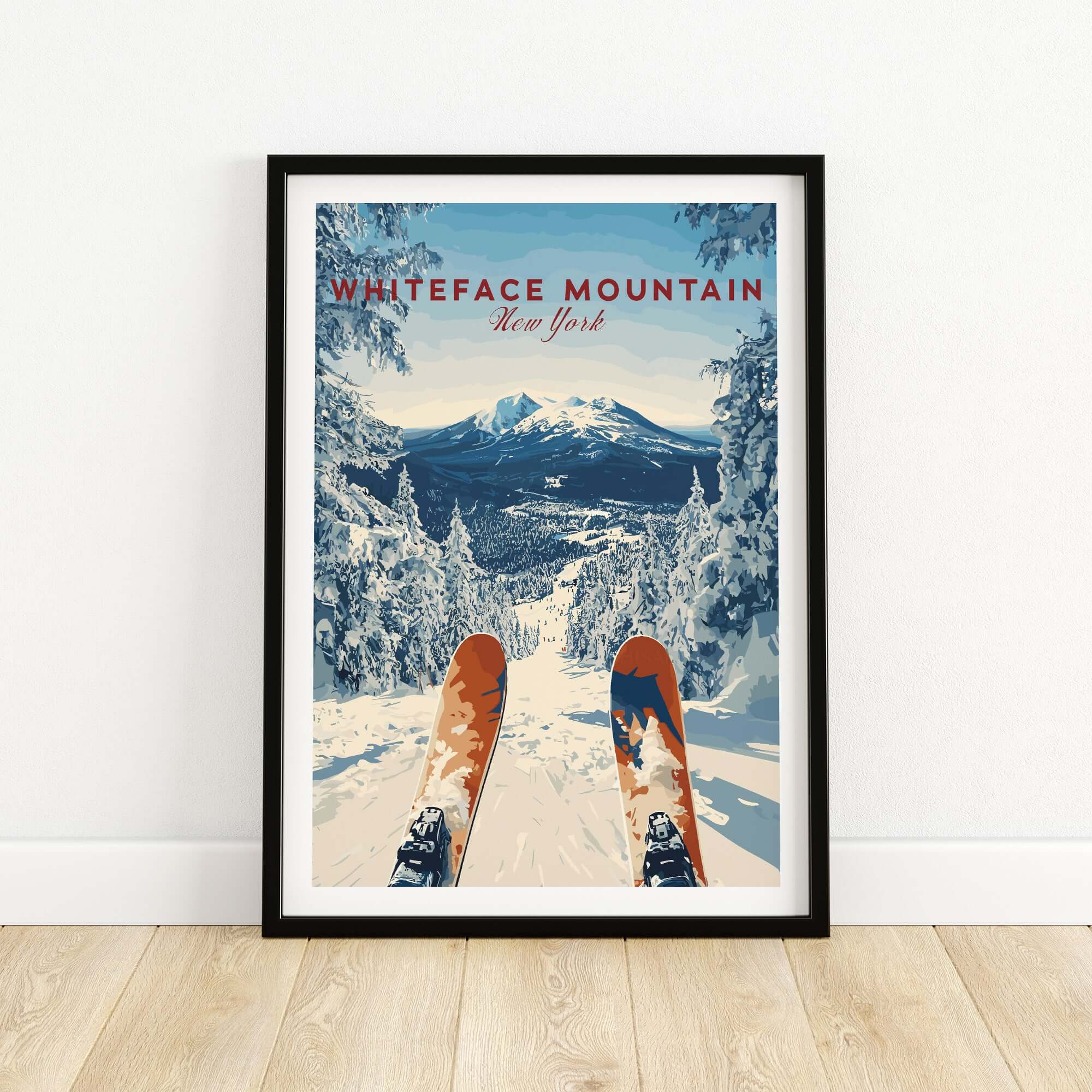 Whiteface Mountain ski poster featuring snowy slopes and panoramic winter landscape in New York
