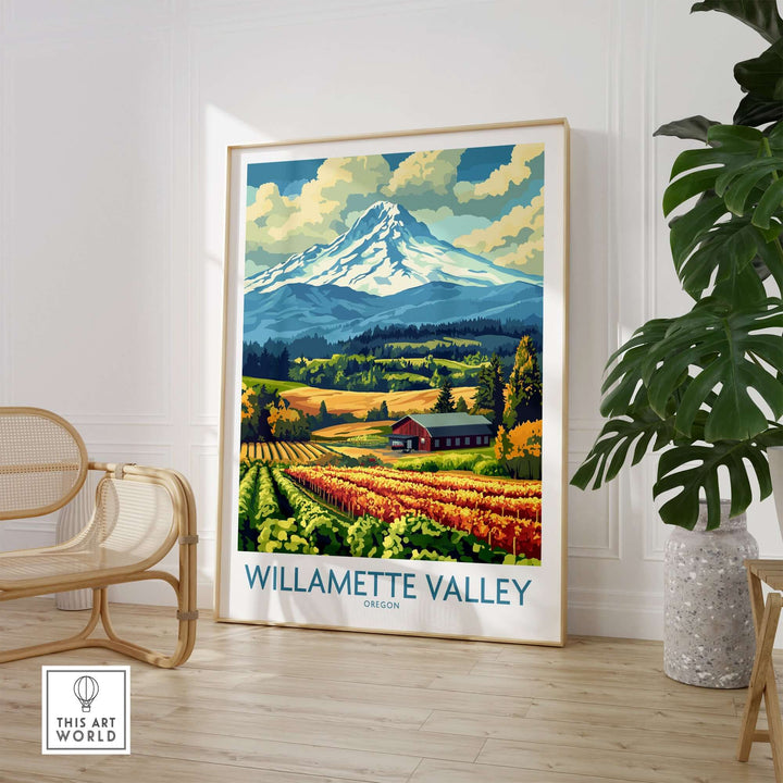 Stunning Willamette Valley Oregon poster featuring vineyards and mountains, perfect for home decor.