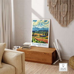 Willamette Valley Oregon Poster displayed in a cozy living room featuring vineyards and mountains.