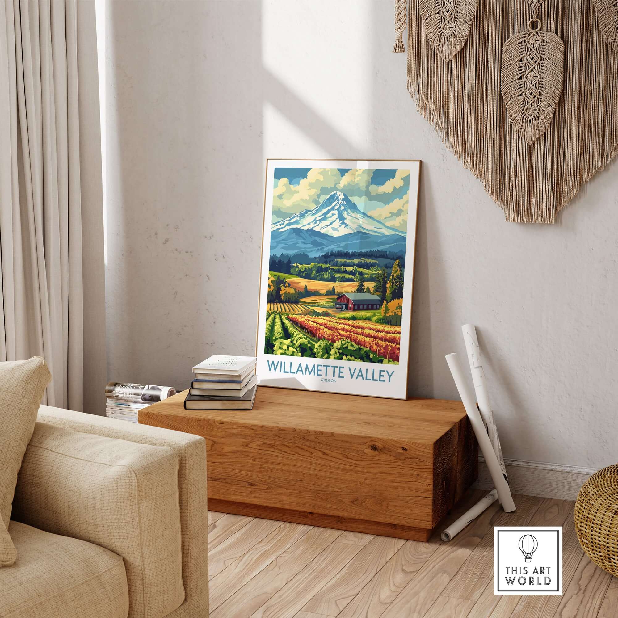 Willamette Valley Oregon Poster displayed in a cozy living room featuring vineyards and mountains.