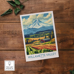 Willamette Valley Oregon Poster showcasing vineyards and mountains in vibrant colors, perfect for home decor.