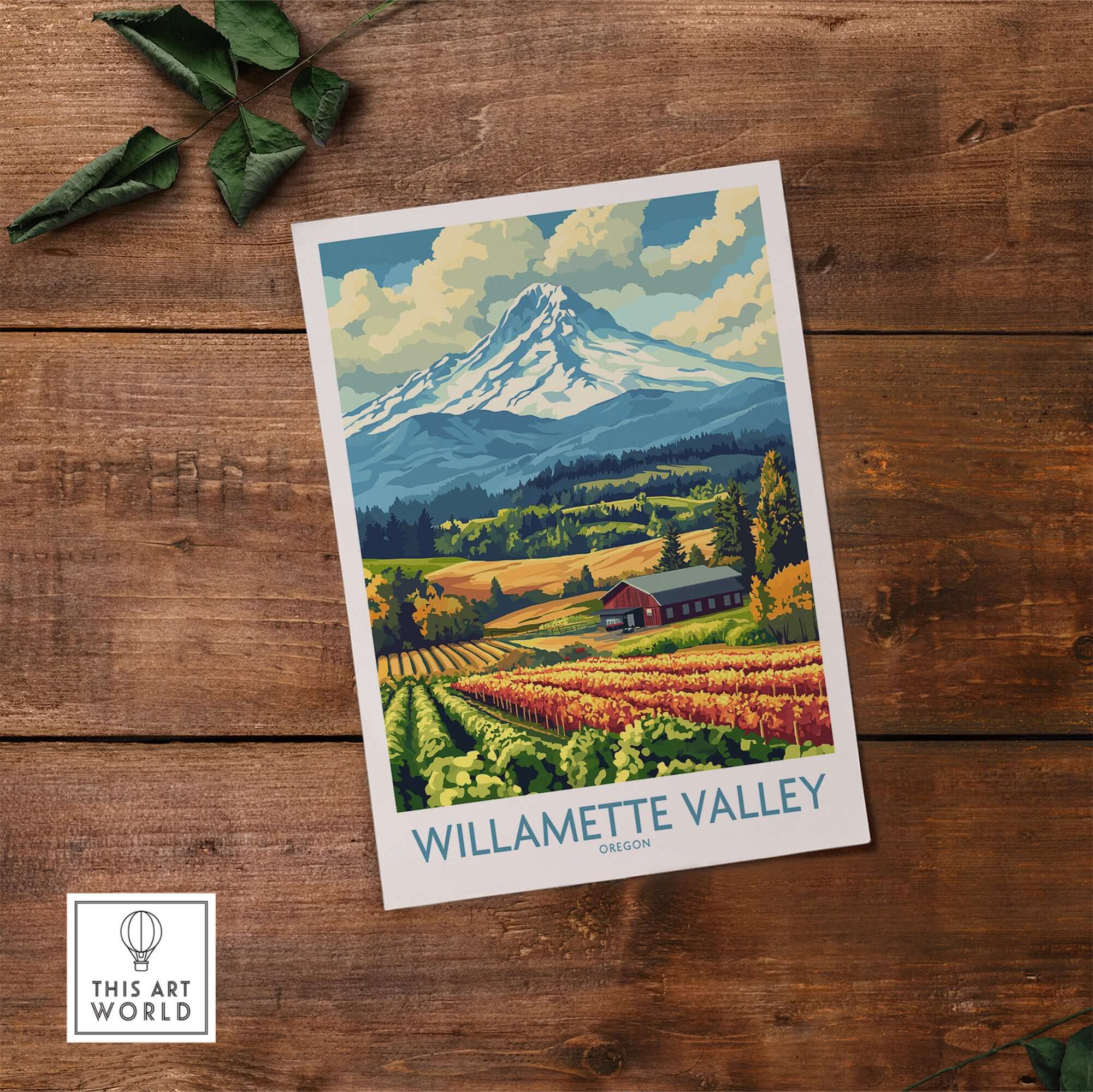 Willamette Valley Oregon Poster showcasing vineyards and mountains in vibrant colors, perfect for home decor.