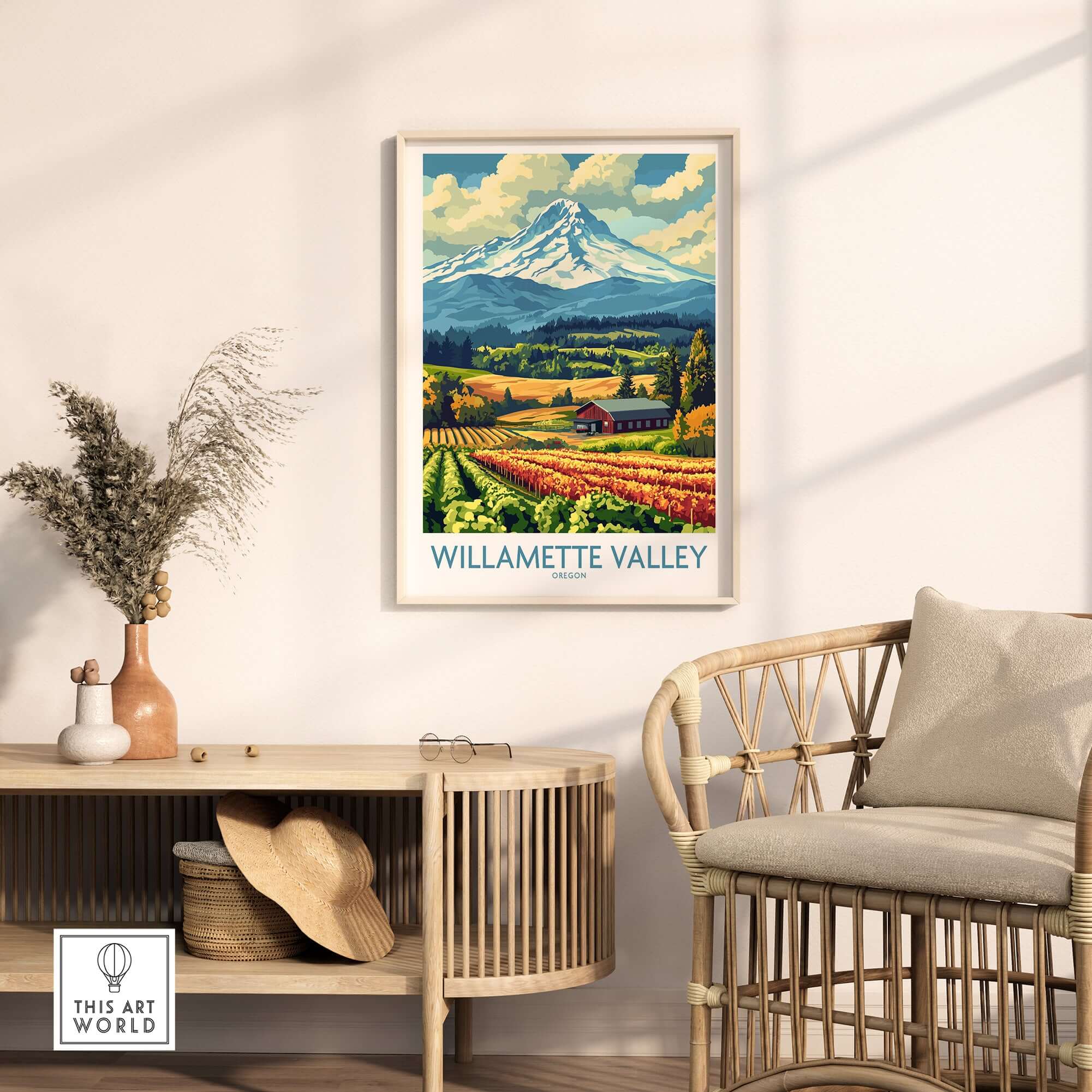Willamette Valley Oregon Poster featuring scenic vineyards and mountains in a stylish home setting.
