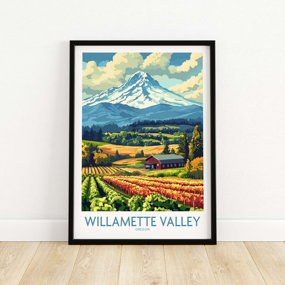 Willamette Valley Oregon poster featuring vineyards and mountains, perfect for home decor and nature lovers.