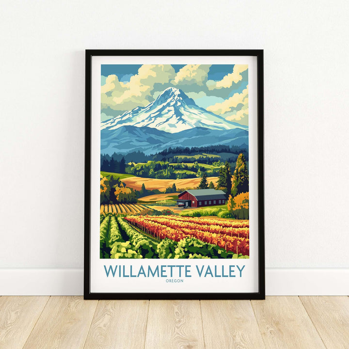 Willamette Valley Oregon poster featuring vineyards and mountains, perfect for home decor and nature lovers.