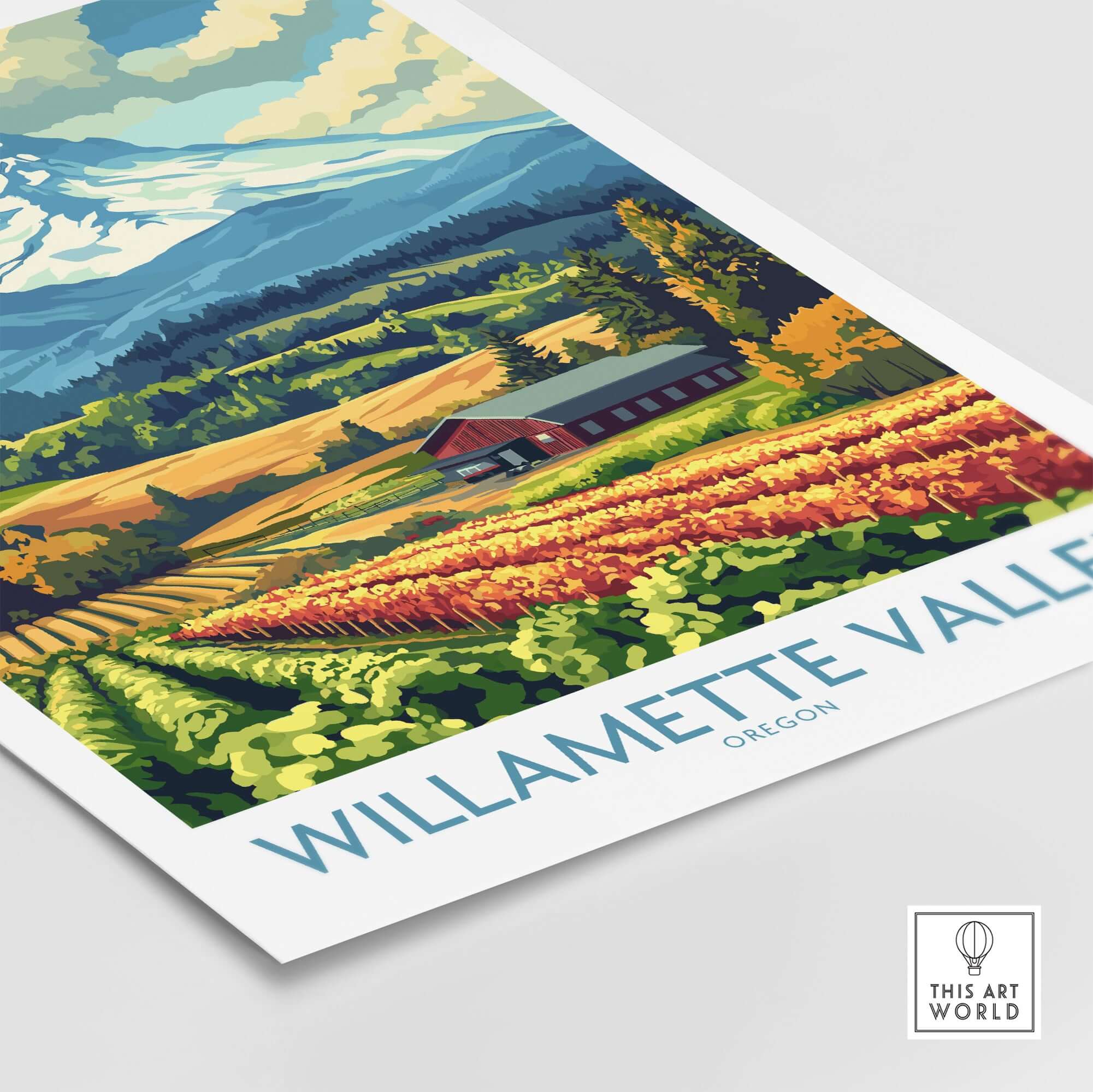 Willamette Valley Oregon Poster showcasing vineyards and mountains in a vibrant landscape design.