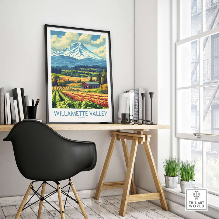 Willamette Valley Oregon poster displayed in a modern home office setting, showcasing vineyards and mountains.