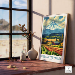 Willamette Valley Oregon Poster showcasing rolling vineyards and mountains in a stylish home setting.