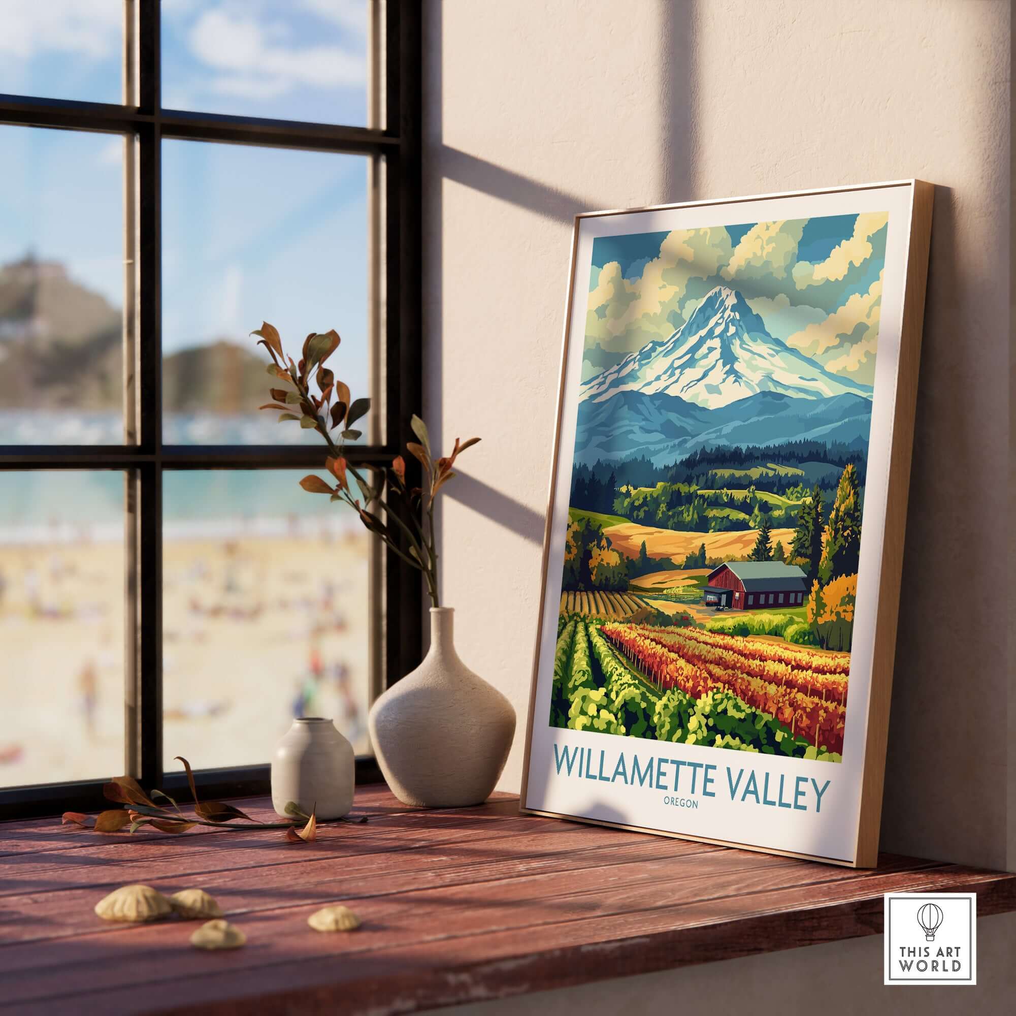 Willamette Valley Oregon Poster showcasing rolling vineyards and mountains in a stylish home setting.
