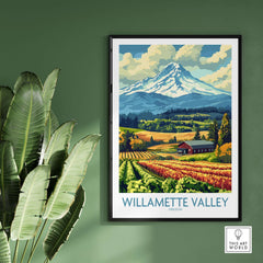Willamette Valley Oregon Poster showcasing lush vineyards and mountains on a green wall.