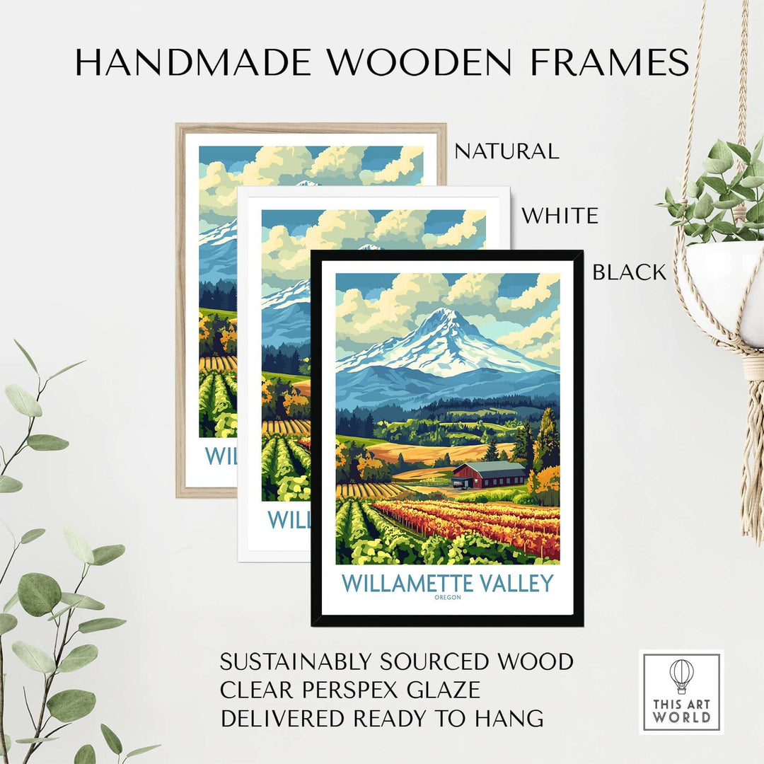 Handmade wooden frames in natural, white, and black finishes displaying a Willamette Valley Oregon poster with vibrant colors.