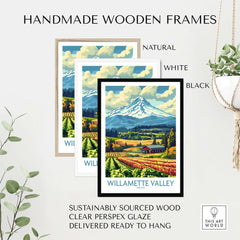 Willamette Valley Oregon Poster displayed in handmade wooden frames in natural, white, and black colors.