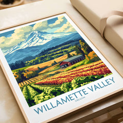 Willamette Valley Oregon Poster featuring vibrant vineyards and mountains in a artistic design.