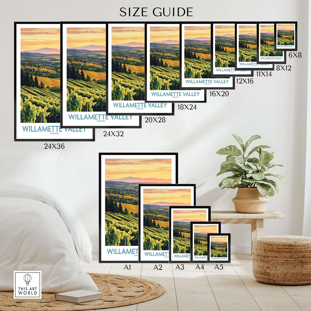 Willamette Valley poster size guide displaying various dimensions and a serene vineyard landscape.