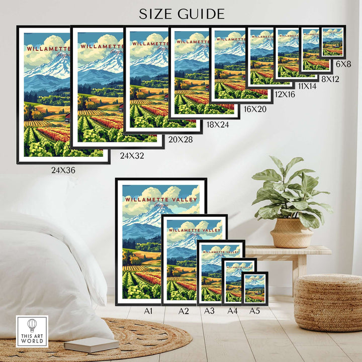 Willamette Valley Oregon wall art size guide showcasing various frame dimensions and scenic vineyard designs.