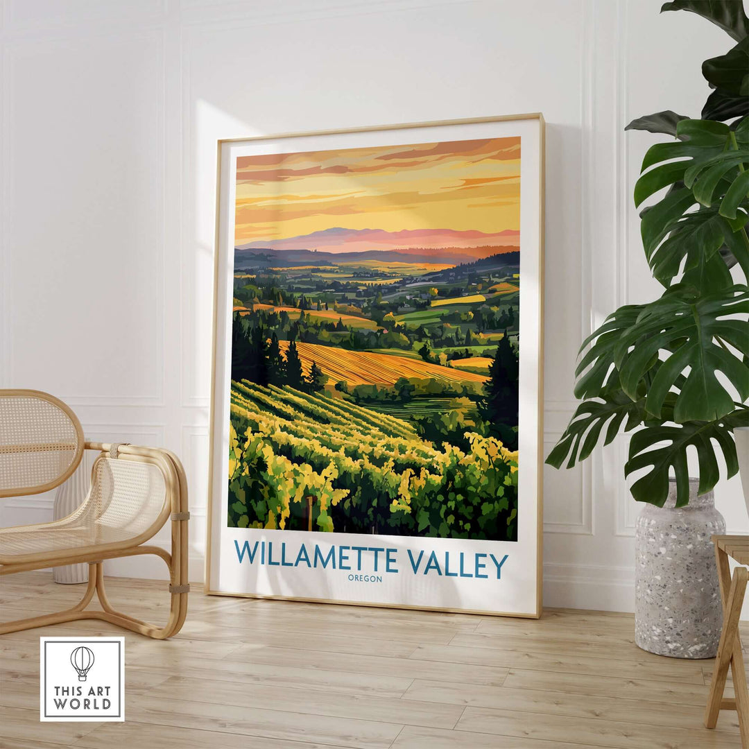 Willamette Valley poster showcasing vineyards and rolling hills at sunset, ideal for wine lovers and nature enthusiasts.