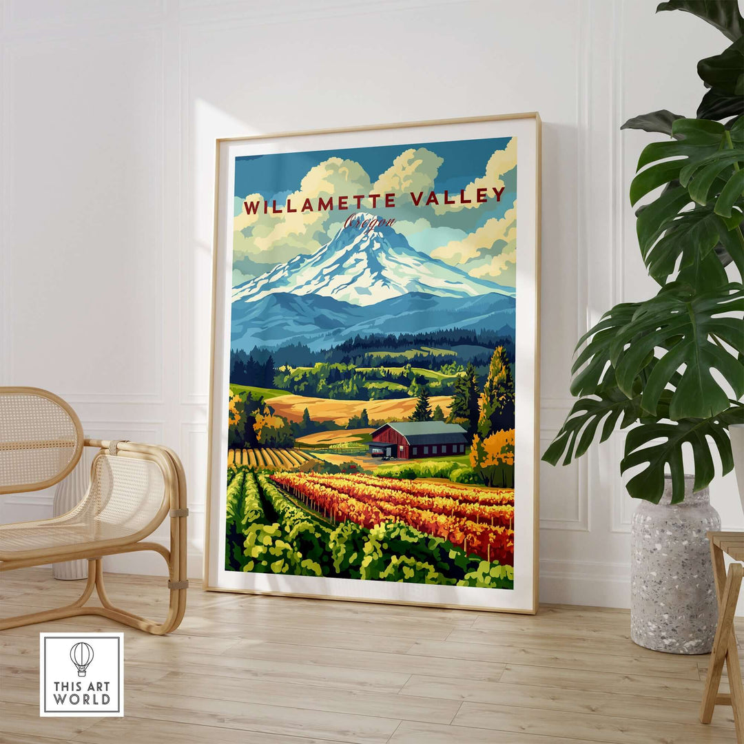 Willamette Valley wall art featuring lush vineyards and mountain scenery, perfect for nature enthusiasts' homes.