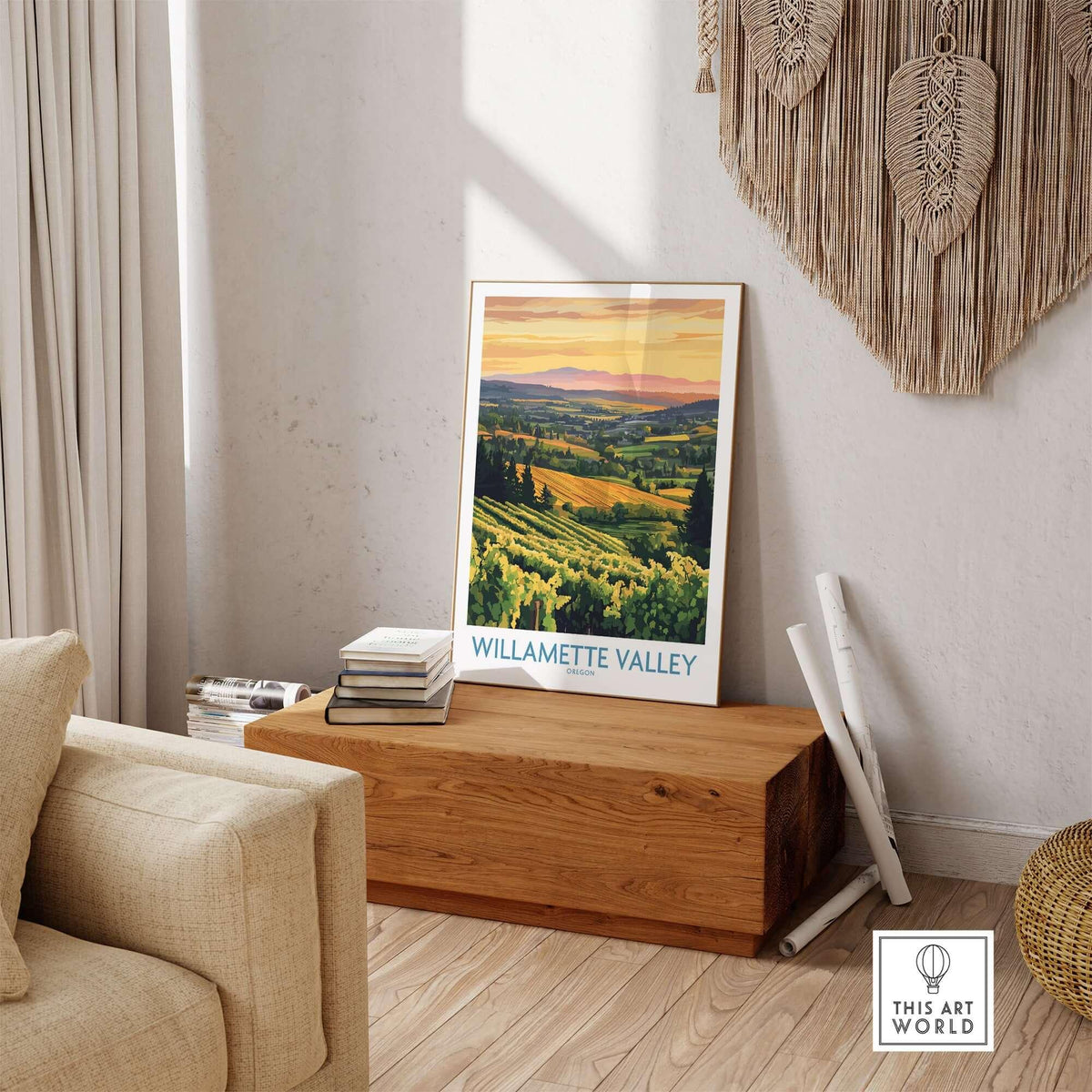 Willamette Valley Poster showcasing vineyards and rolling hills in a cozy living room setting.