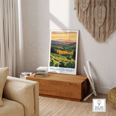 Willamette Valley Poster showcasing vineyards and rolling hills in a cozy living room setting.