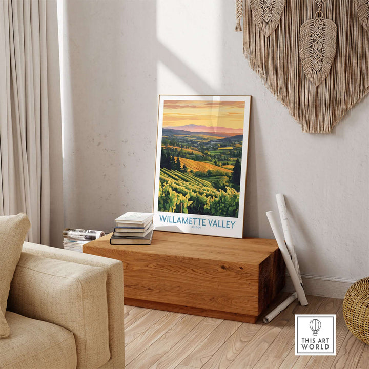 Willamette Valley poster displayed in a cozy living room showcasing lush vineyards and hills at sunset.