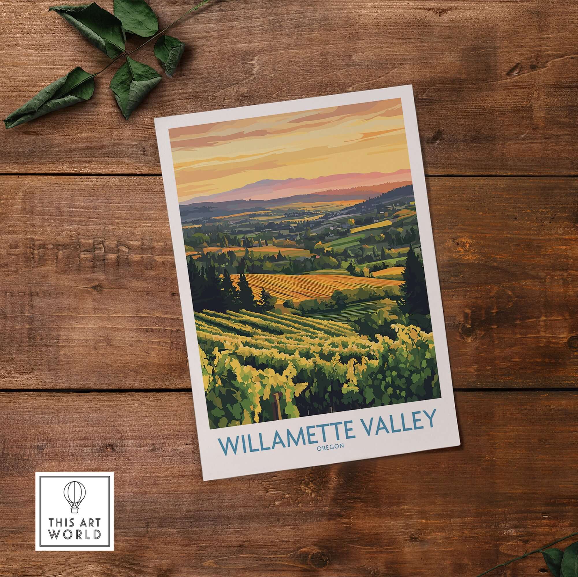 Willamette Valley Poster depicting vineyards and hills at sunset, ideal for wine lovers and nature enthusiasts.