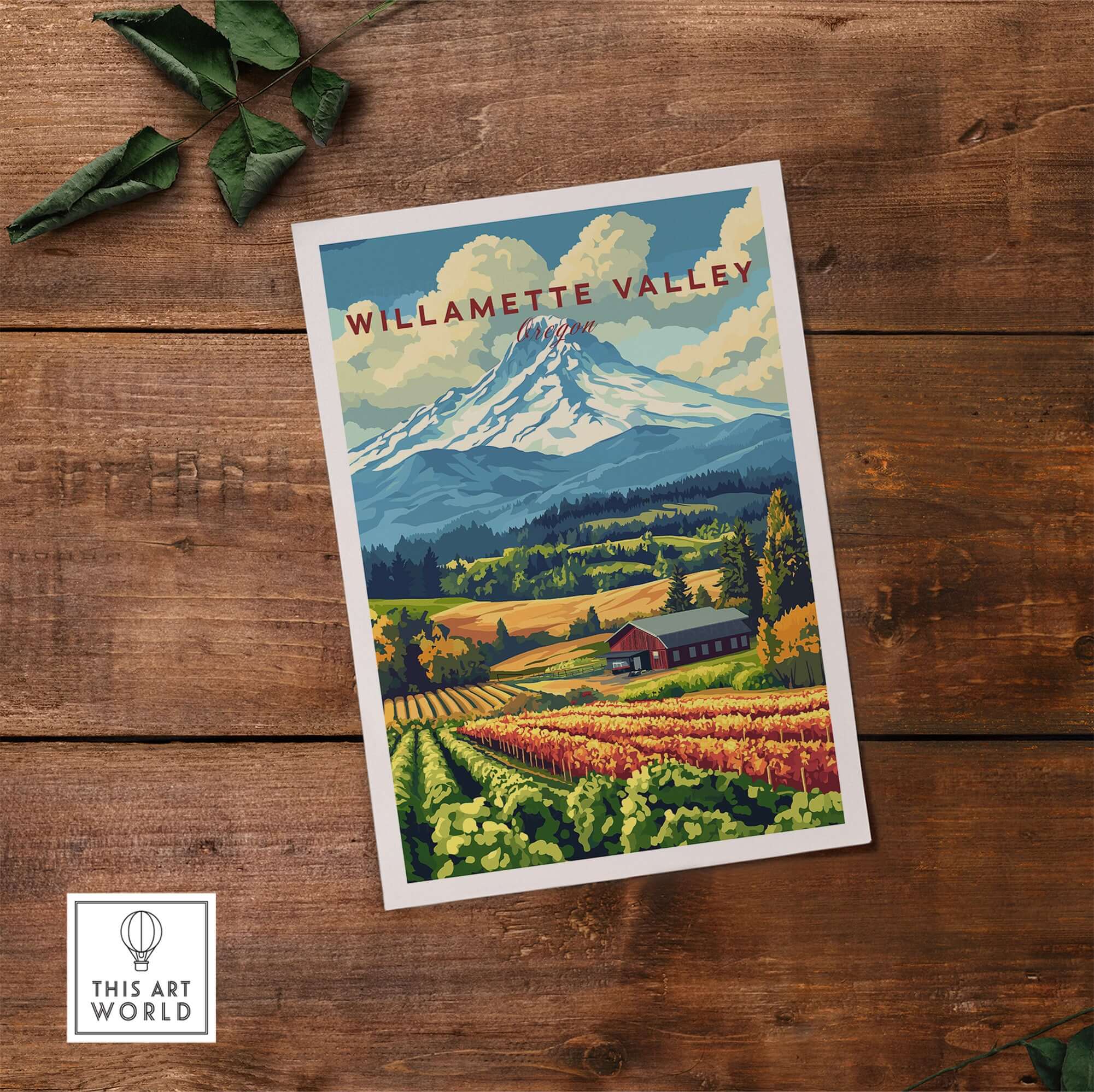 Willamette Valley Oregon Wall Art showcasing lush vineyards and majestic mountains in a vibrant landscape.