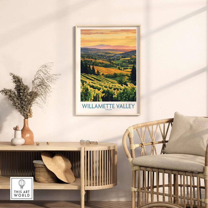 Willamette Valley sunset poster showcasing vineyards and hills in a cozy home setting.