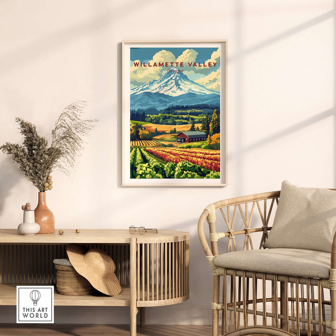 Willamette Valley Oregon wall art featuring vineyards and mountains in a cozy living room setting.