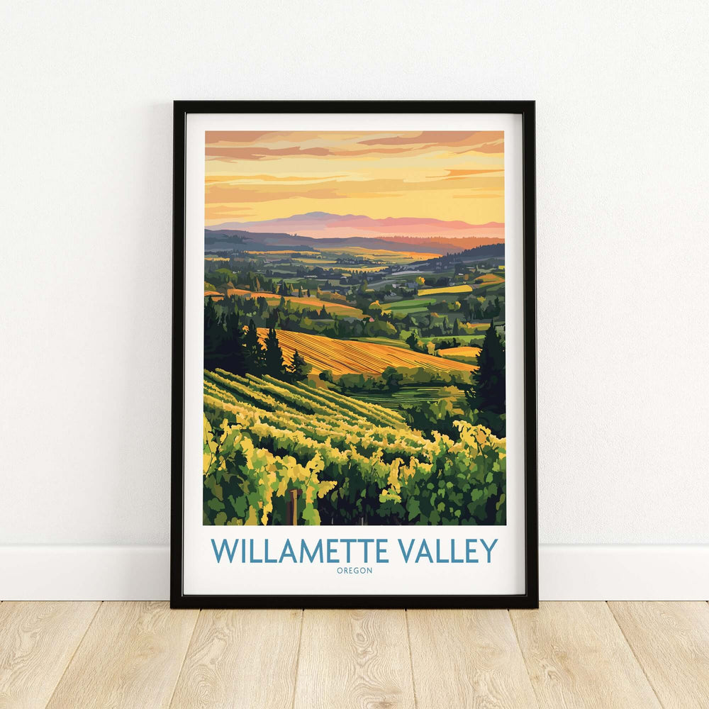 Willamette Valley poster featuring vineyards and sunset over rolling hills in Oregon, perfect for home decor.